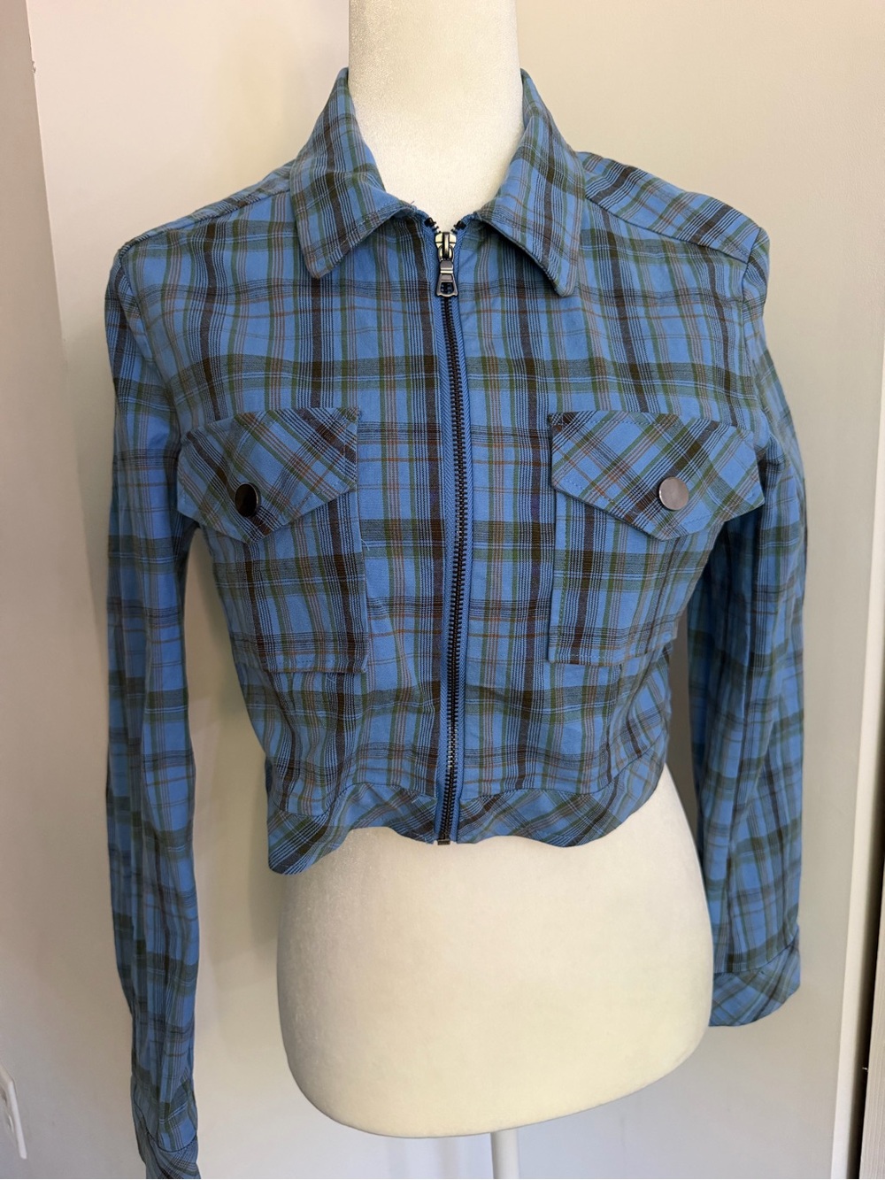 Urban Outfitters Blue Plaid Zip-Front Jean Jacket